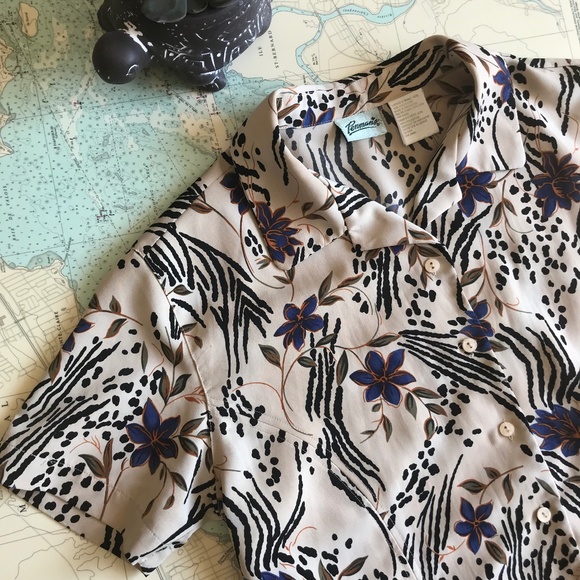 Vintage Floral and Zebra Print Blouse - Black, Blue, Cream - Picture 1 of 5